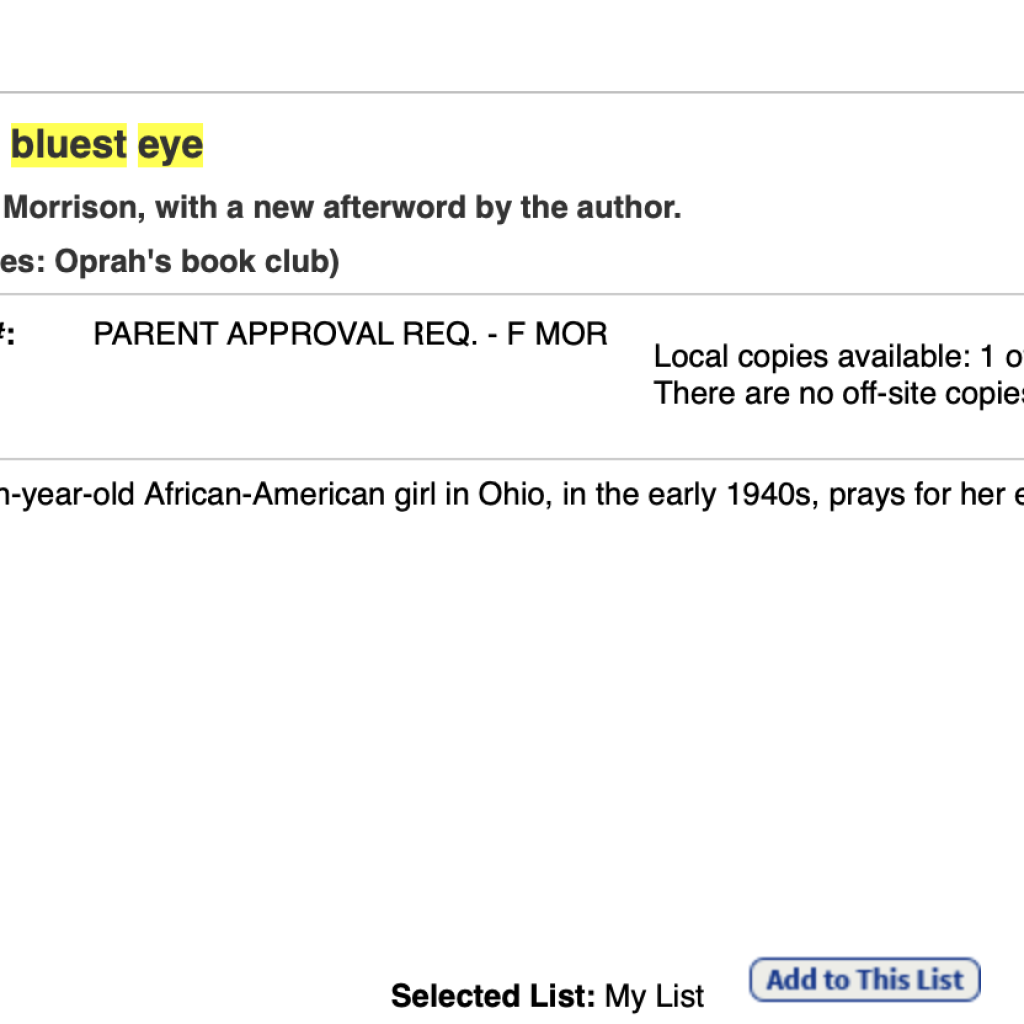 Destiny description of The Bluest Eye showing it is restricted