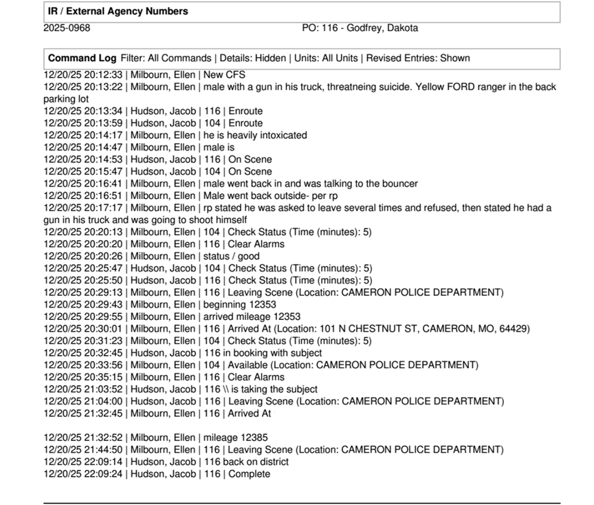 Dispatch record covering the incident at McCorkle's on Dec 20, 2025